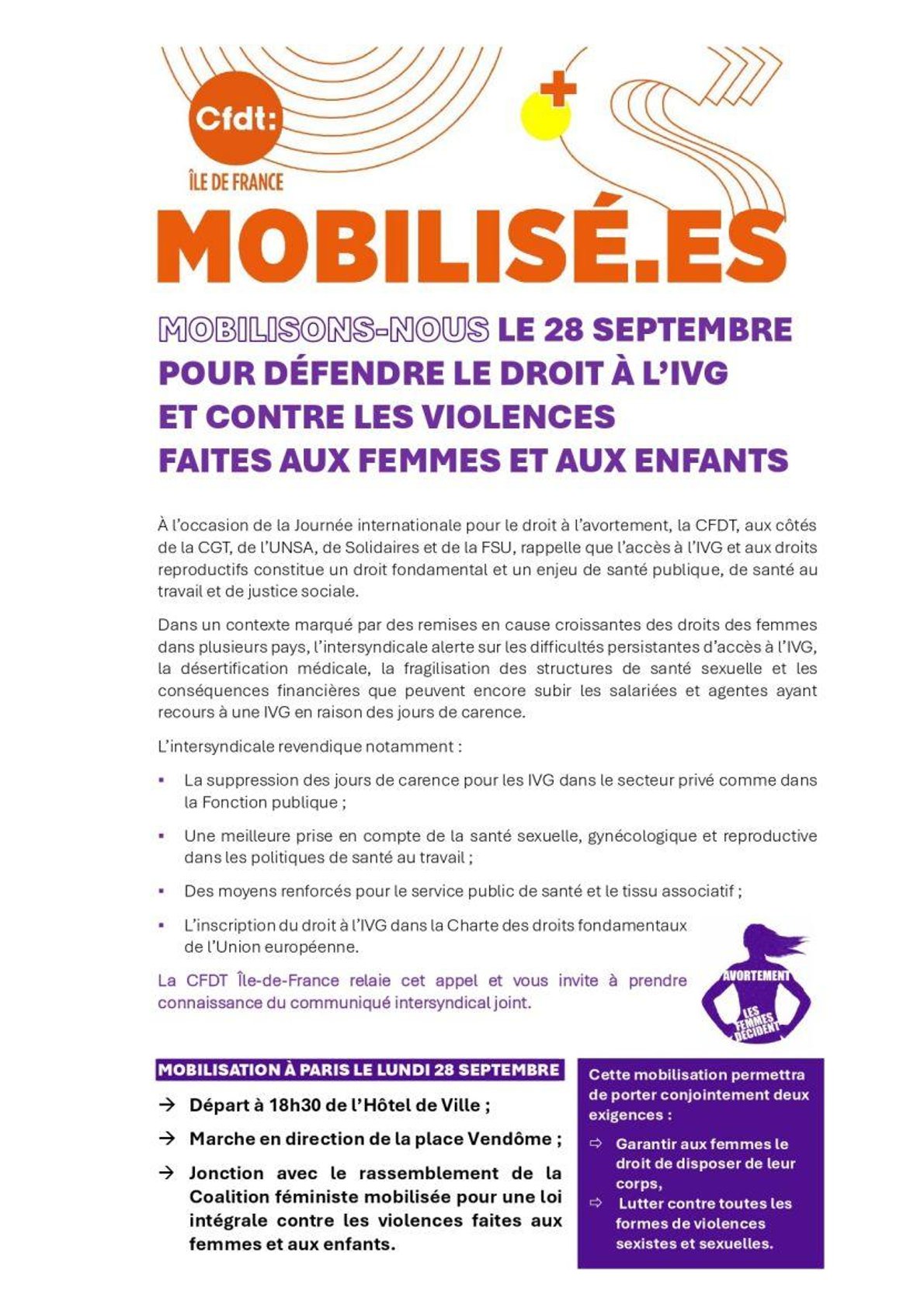 MOBIILSATION À PARIS LE LUNDI 28 SEPTEMBRE