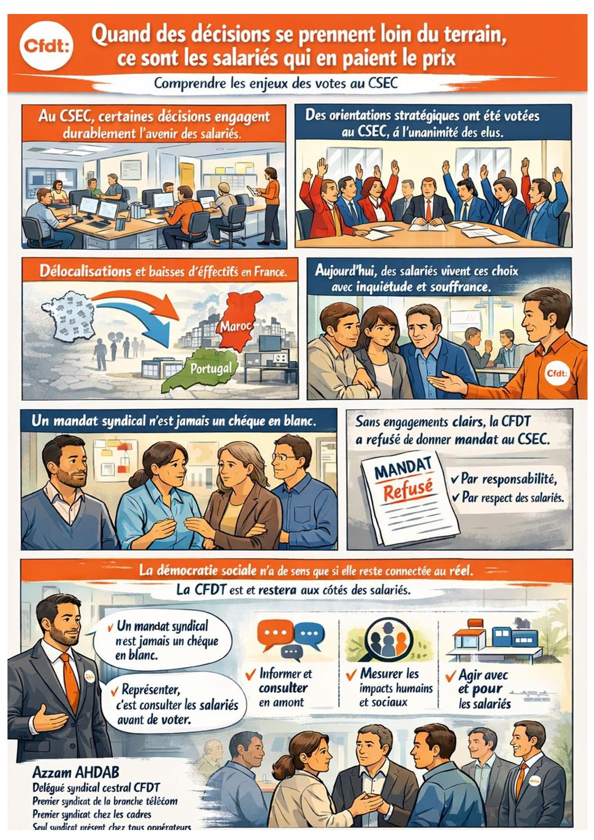 Au CSE du 26 janvier 2026, la CFDT a rappelé qu'un mandat n’est jamais un chèque en blanc et qu'il doit servir à protéger les emplois À l’occasion du remplacement d’un élu titulaire au CSEC, la CFDT a rappelé un principe fondamental du dialogue social : 👉 les élus doivent rendre compte aux instances qui les ont désignés et aux salariés qu’ils représentent. Des orientations stratégiques majeures ont été votées au CSEC à l’unanimité des élus. Ces orientations impliquent des délocalisations et des baisses d’effectifs en France. 👉 Aujourd’hui, des salariés sont en souffrance du fait de ces choix stratégiques, qui ont un impact direct sur l’emploi, les conditions de travail et l’avenir des équipes. Pour la CFDT, représenter les salariés, c’est : informer et consulter en amont, mesurer les conséquences humaines et sociales, rester en lien permanent avec le terrain. 🤝 Donner mandat, ce n’est pas donner carte blanche. 💬 Représenter, ce n’est pas décider seul. C’est pourquoi la CFDT a refusé de donner mandat sans engagements clairs, par responsabilité et par fidélité aux salariés. La CFDT continuera d’agir avec bienveillance et détermination, aux côtés des salariés, en particulier de celles et ceux qui subissent aujourd’hui les effets de ces orientations.