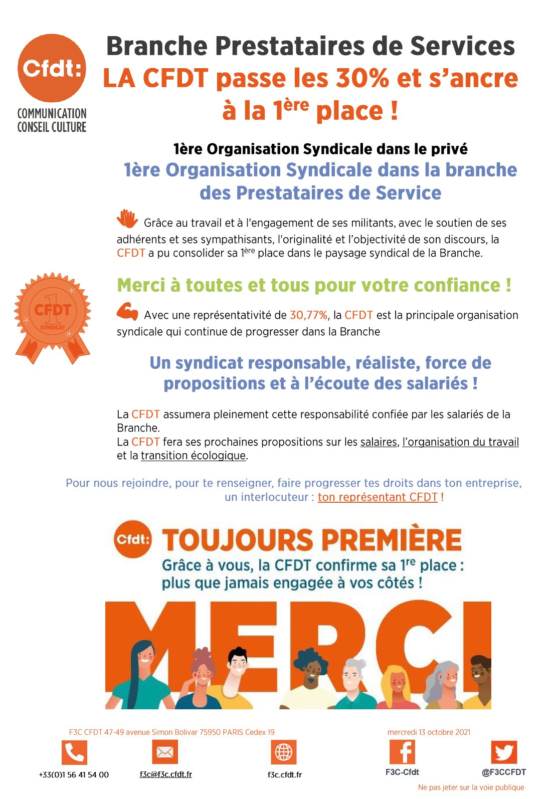 BRANCHE PRESTATAIRES DE SERVICES LA CFDT PASSE LES 30% ET S'ANCRE A LA 1ére PLACE !!!