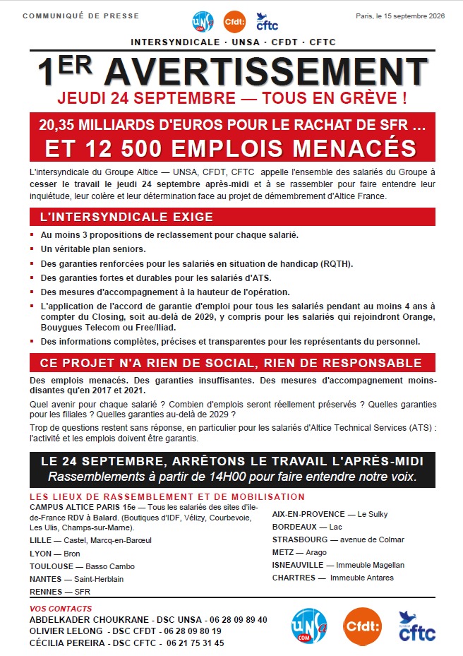 APPEL À LA GRÈVE SFR LE JEUDI 24 SEPTEMBRE 2026