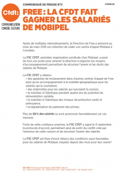 FREE : LA CFDT FAIT GAGNER LES SALARIÉS DE MOBIPEL
