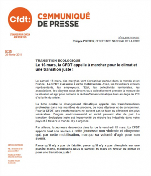 TRANSITION ECOLOGIQUE Le 16 mars, la CFDT appelle à marcher pour le climat et une transition juste !