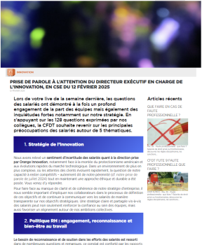 Prise de parole à l’attention du Directeur Exécutif en charge de l’innovation, en CSE du 12 février 2025