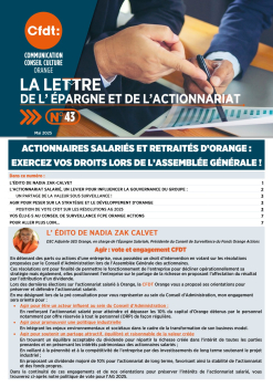 La lettre de l’épargne N°43 : ACTIONNAIRES SALARIÉS ET RETRAITÉS D’ORANGE, EXERCEZ VOS DROITS LORS DE L’ASSEMBLÉE GÉNÉRALE !