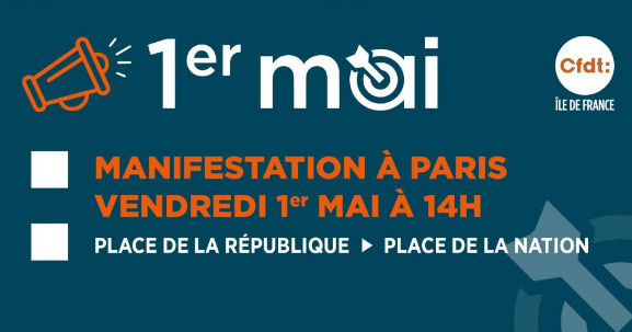 MANIFESTATION UNITAIRE À PARIS VENDREDI 1er MAI 2026 À 14H00 PLACE DE LA RÉPUBLIQUE → PLACE DE LA NATION