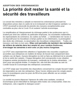 ADOPTION DES ORDONNANCES La priorité doit rester la santé et la sécurité des travailleurs