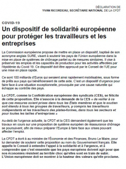 communiqué de presse n° 22   d'Yvan Ricordeau, secrétaire national de la CFDT, intitulé « Covid 19,   Un dispositif de solidarité européenne pour protéger les travailleurs et les entreprises ».