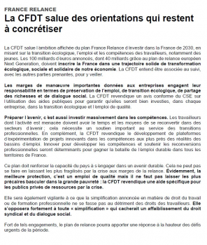 FRANCE RELANCE La CFDT salue des orientations qui restent à concrétiser