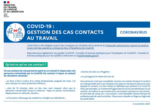 COVID-19 : GESTION DES CAS CONTACTS AU TRAVAIL